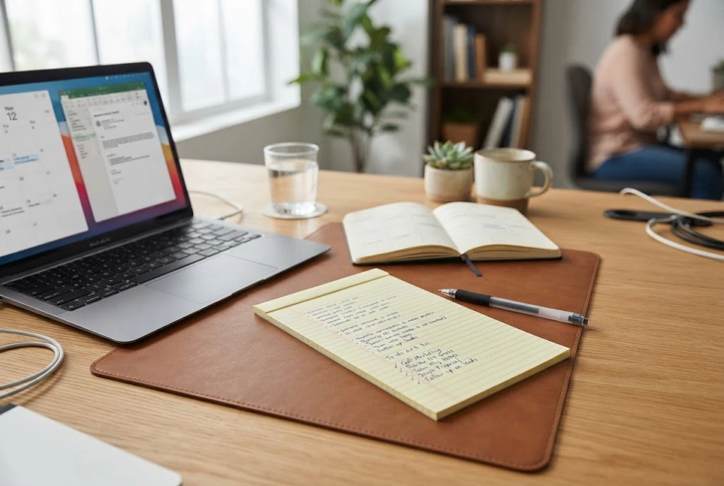 5x8 legal pad being used for productivity and note taking on an office desk
