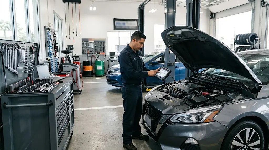 Automotive technician inspecting a car during a vehicle maintenance service