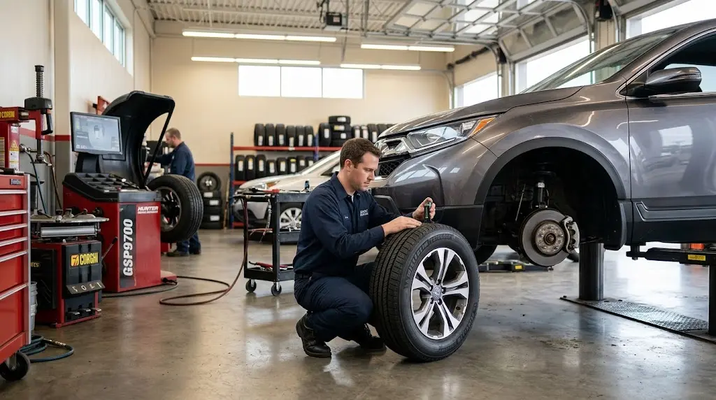Technician inspecting a vehicle tyre in an automotive service workshop