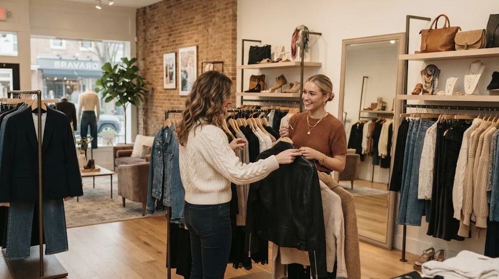 Women's fashion boutique interior with clothing, dresses, blazers, denim, and accessories