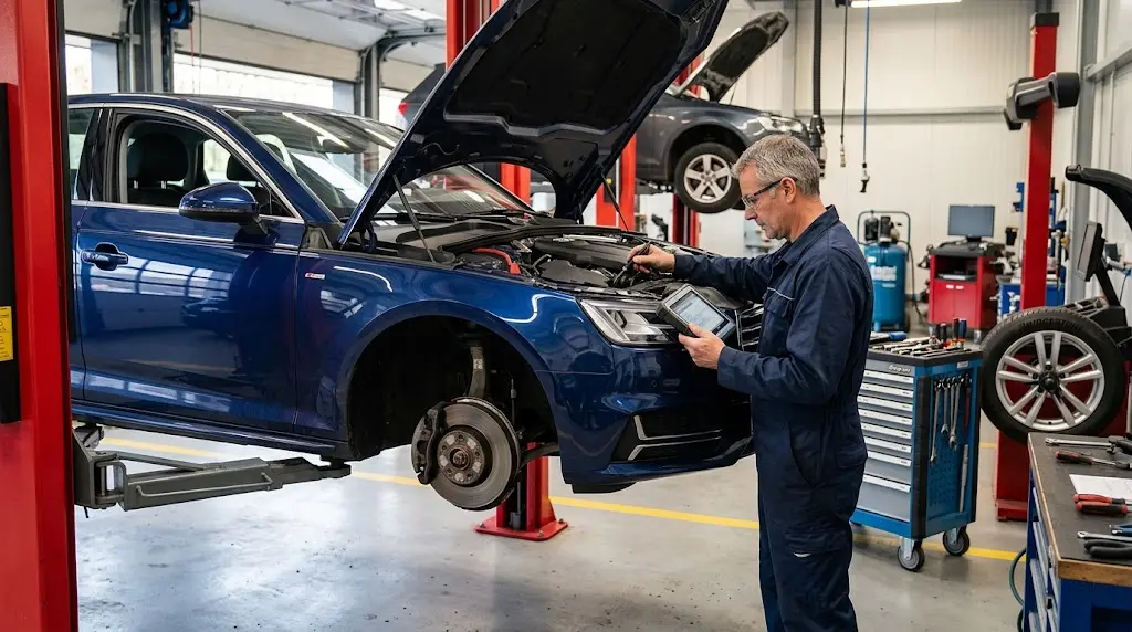Technician inspecting a modern vehicle in an automotive repair workshop