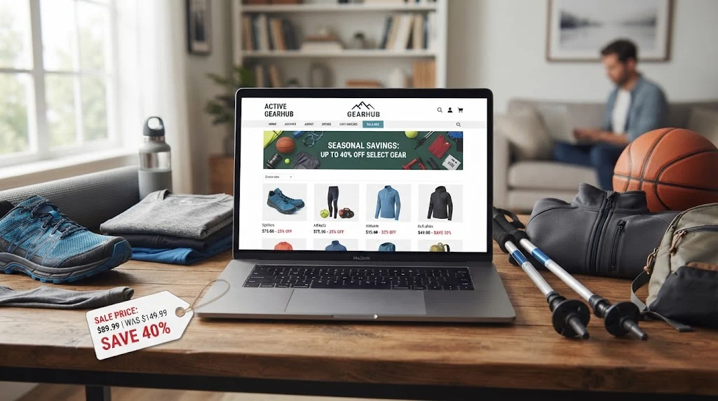 Online sporting goods shopping with discount and coupon concept