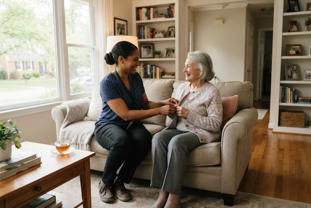 Caregiver providing compassionate in-home assistance to an older adult