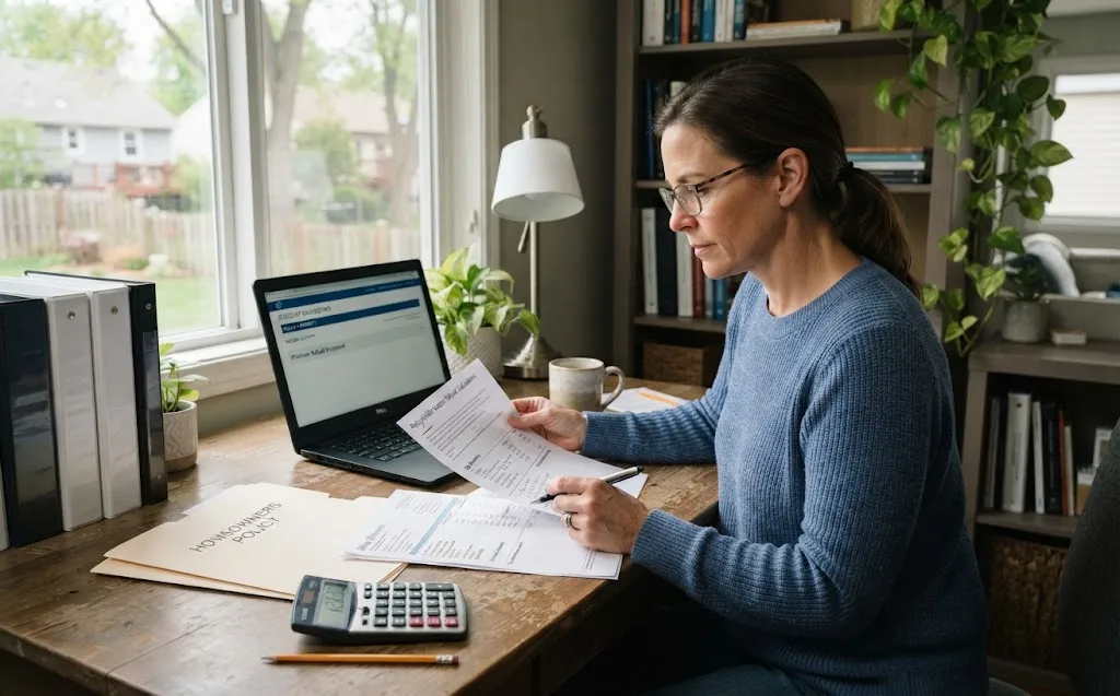 Homeowner reviewing insurance refund paperwork and policy documents