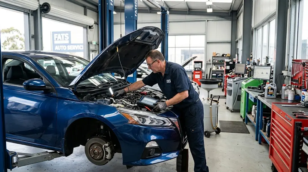 Automotive technician inspecting a car in a professional repair workshop