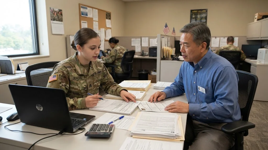 Soldier reviewing military pay and PCS documents with a finance representative
