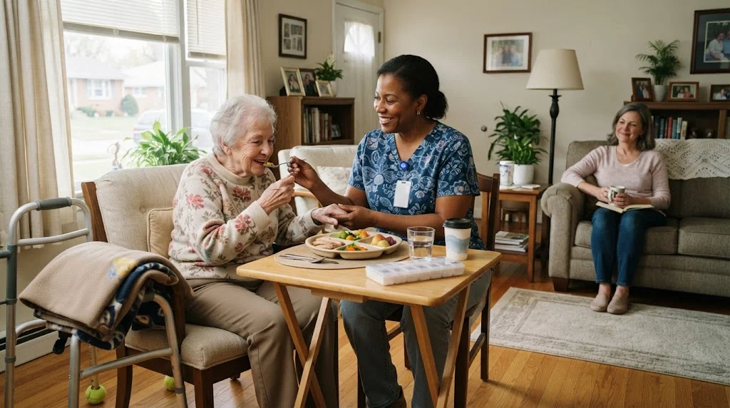 Caregiver providing compassionate in-home support to an older adult