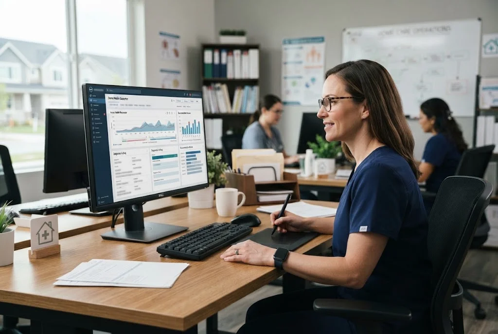 Healthcare professional reviewing digital home health coding and patient documentation