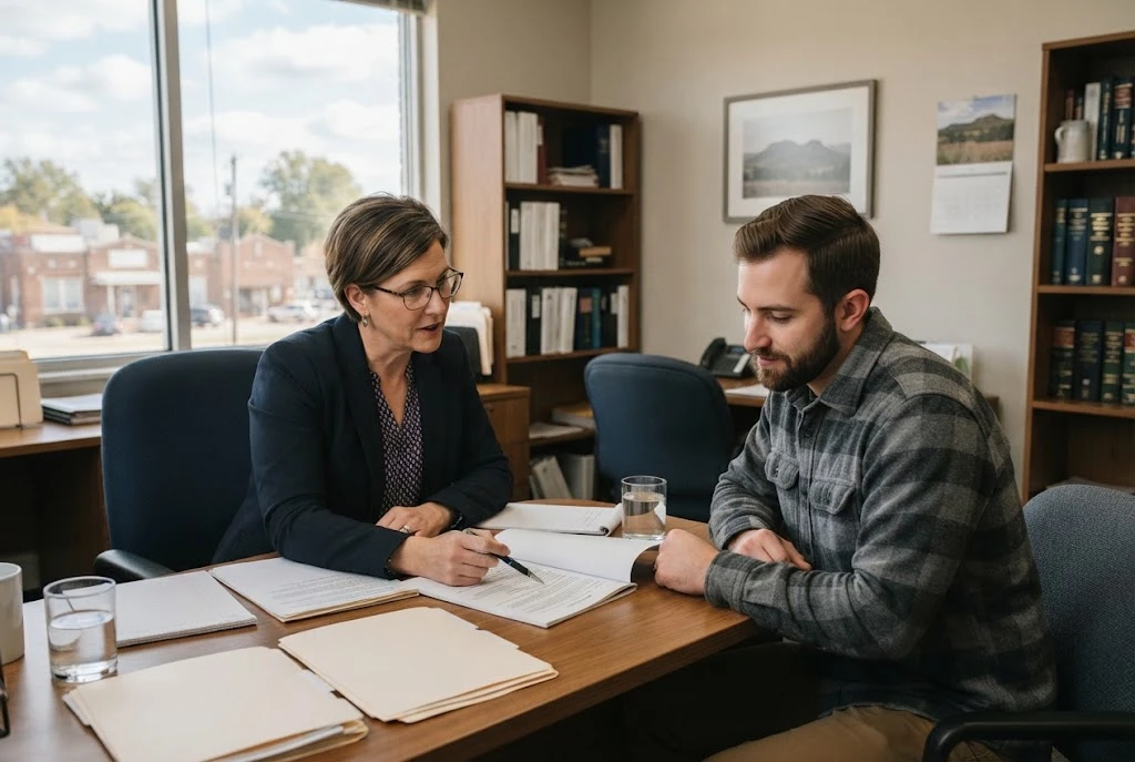 Legal professional helping a client review documents for legal aid in Ardmore Oklahoma
