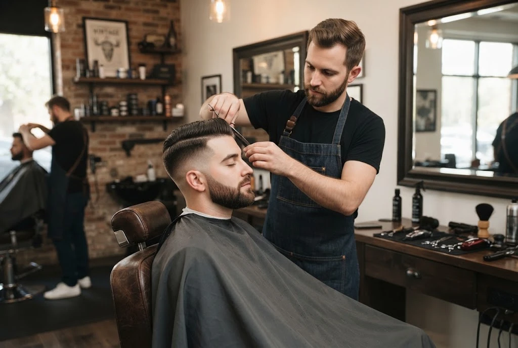 Modern barber shaping a man's haircut and beard in a professional barbershop