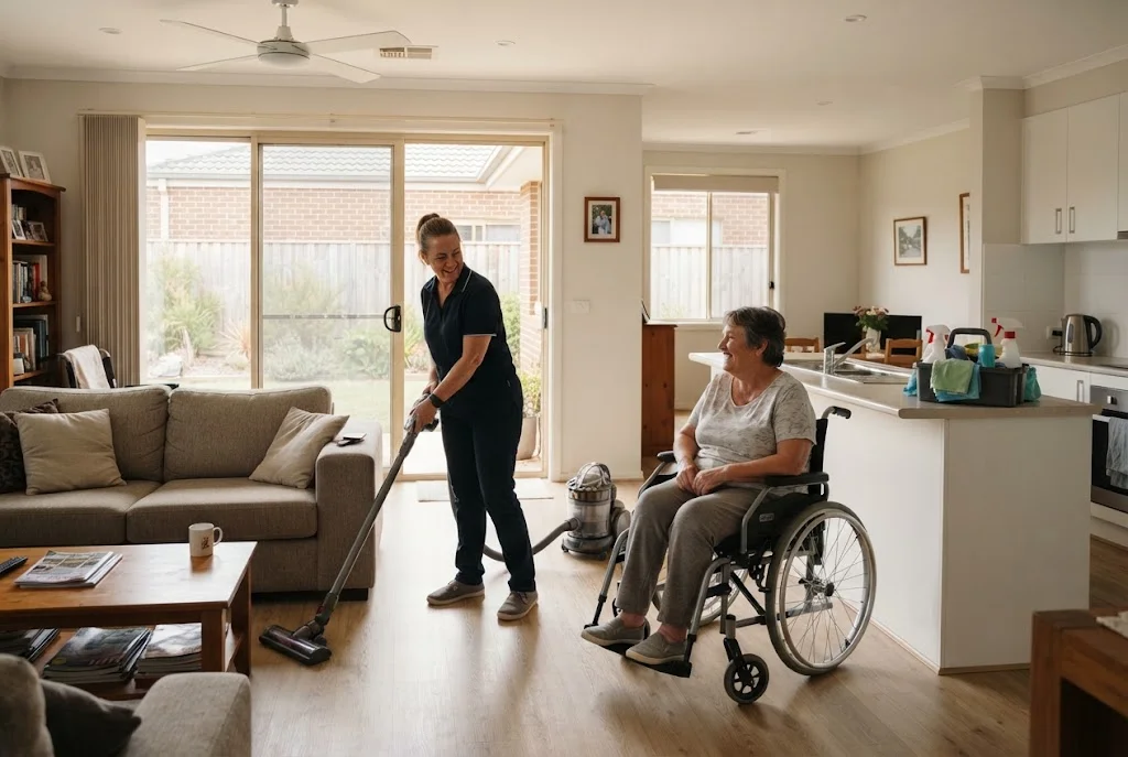 Disability support worker providing household cleaning assistance in an accessible Australian home