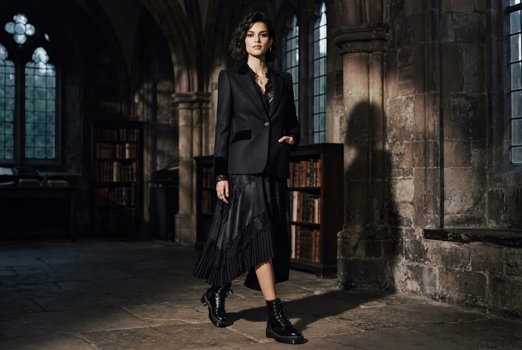 Neo Gothic fashion featuring dark romantic clothing, lace, velvet, and modern styling