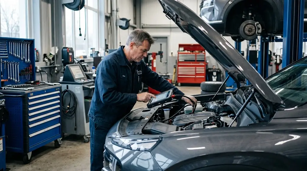 Automotive technician inspecting a vehicle engine in a professional repair workshop