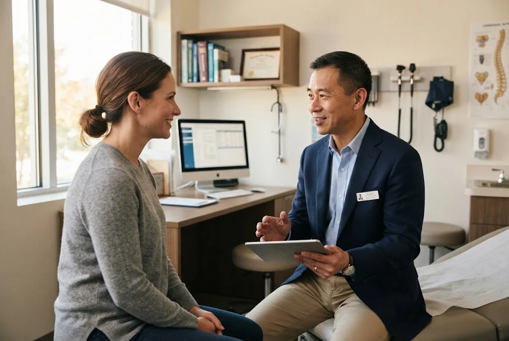 Physician speaking with a patient in a modern primary care office