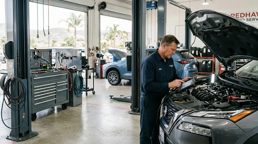 Technician inspecting a vehicle at an automotive service workshop in Temecula