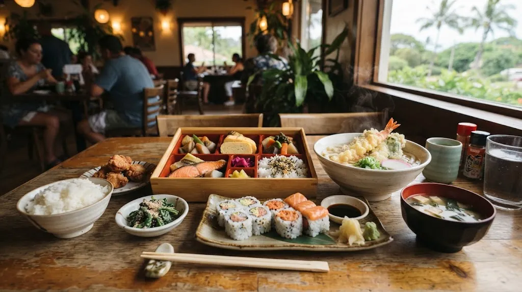 Restaurant Matsu Maui menu featuring Japanese bento sushi tempura and noodles