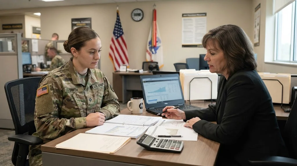 Service member reviewing financial paperwork with a financial support professional at an Army administrative office