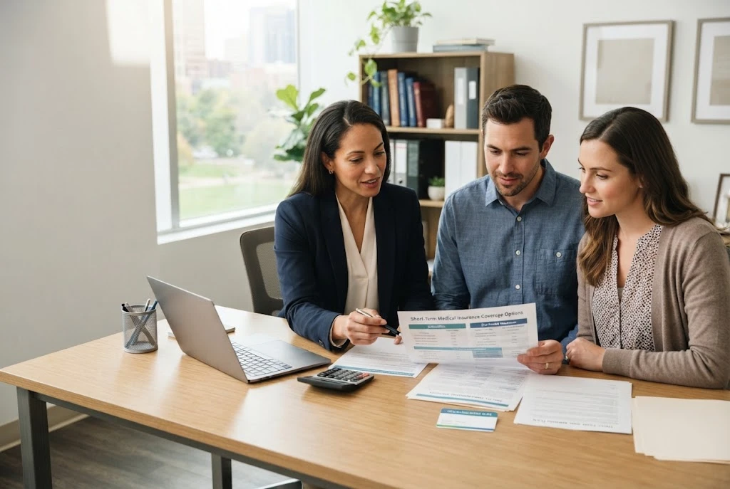 Health insurance advisor discussing temporary medical coverage with a couple