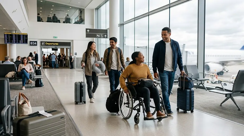 Travelers including a wheelchair user preparing for an accessible journey through a modern airport