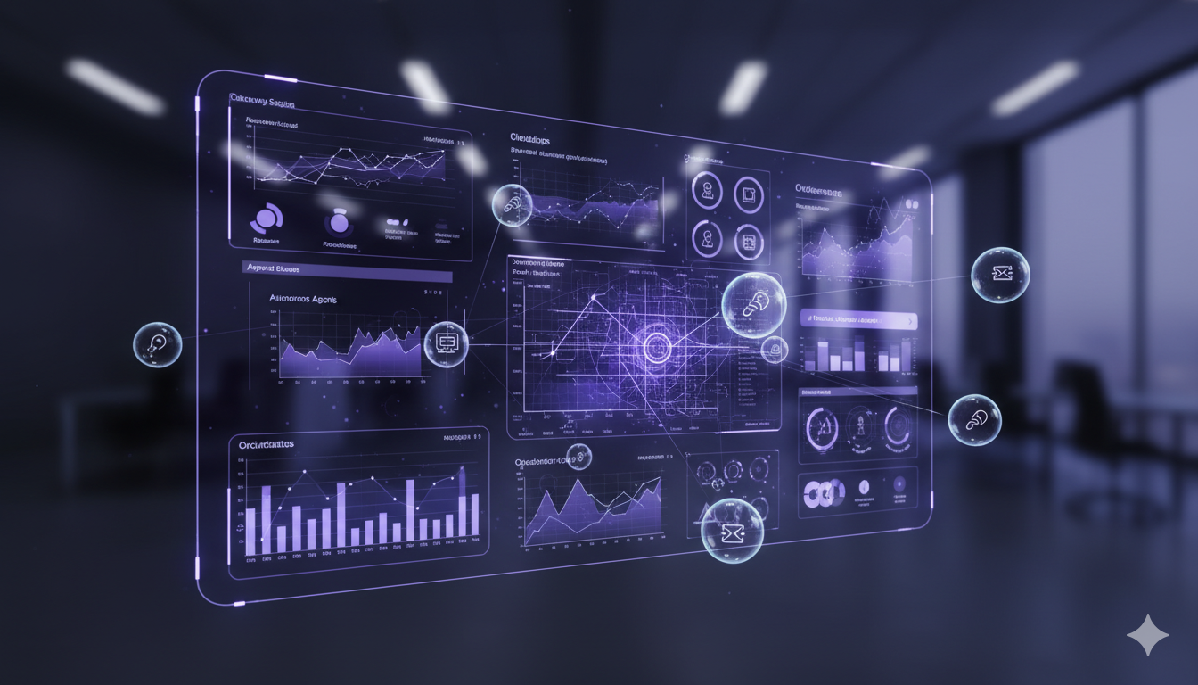 Futuristic AI-native SaaS dashboard with holographic data visualizations, glowing agent bubbles, and a minimalist dark theme, representing 2026 tech trends.