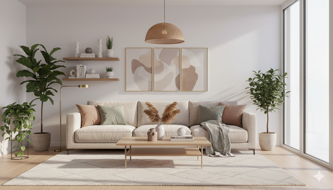 Modern home decor with neutral colors, stylish furniture, and natural lighting