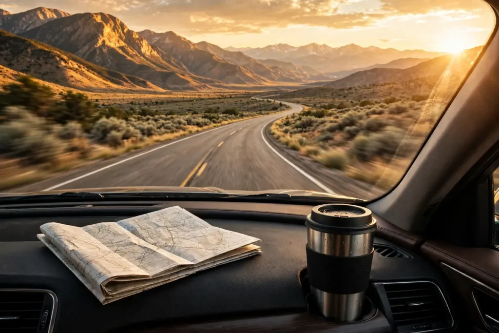 budget road trip car on a scenic highway at golden hour
