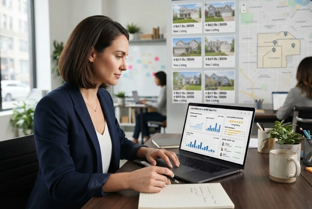 Real estate agent reviewing lead-generation analytics and customer feedback on a laptop