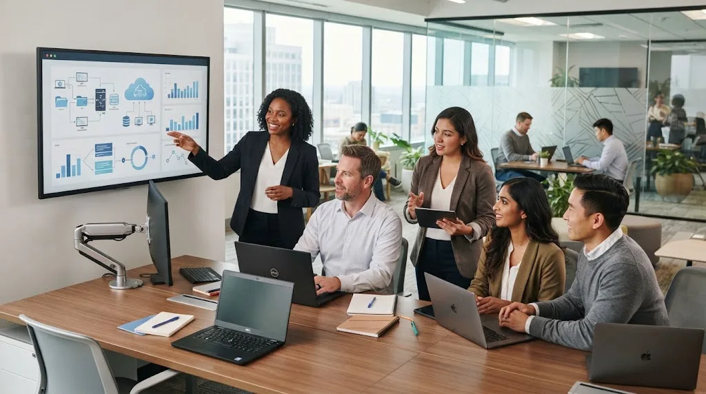 Technology professionals collaborating in a modern office environment
