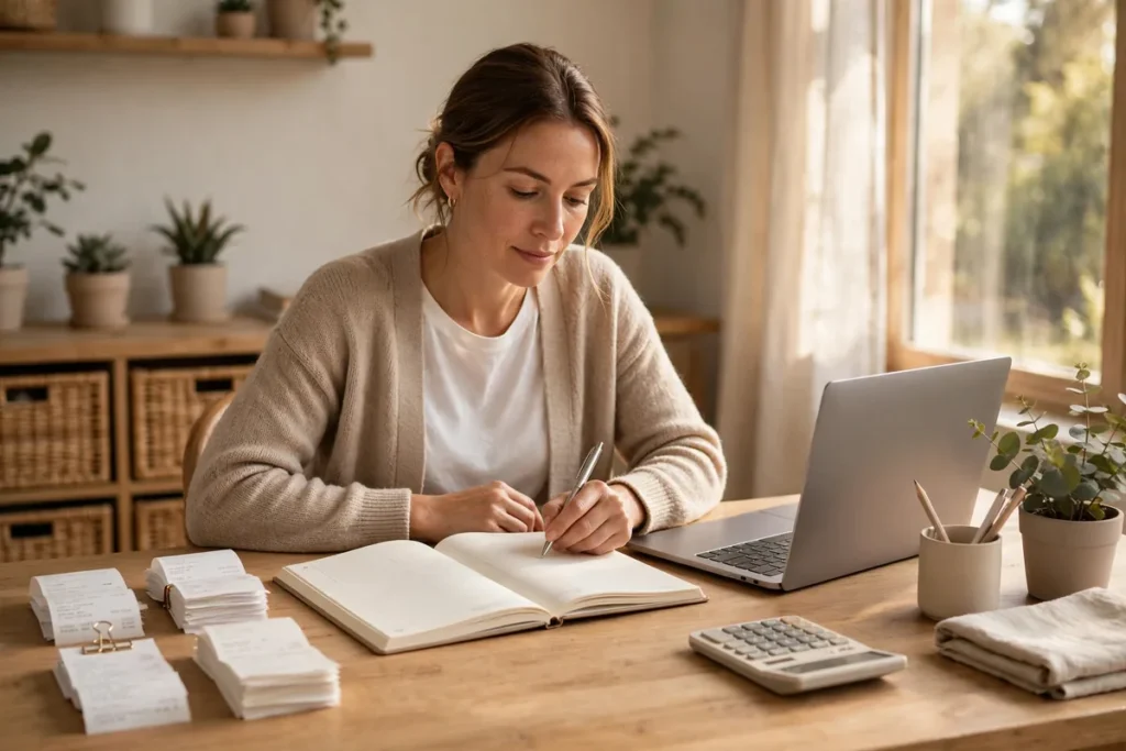 small business bookkeeping ledger and receipts on a desk