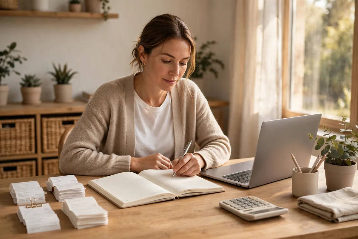 small business bookkeeping ledger and receipts on a desk