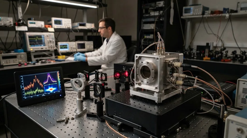 Infrared detector assembly on an optical testing platform in a modern laboratory