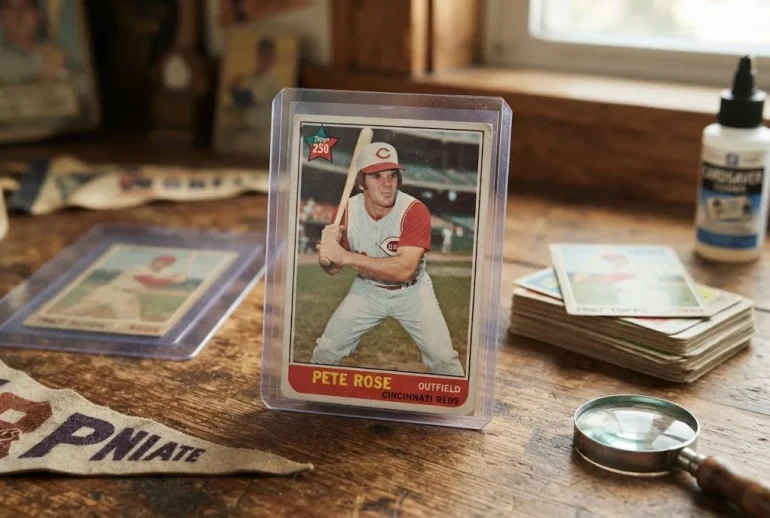 Vintage 1968 Topps Pete Rose baseball card displayed in a protective holder