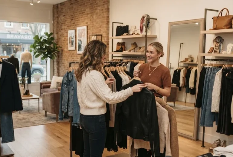 Women's fashion boutique interior with clothing, dresses, blazers, denim, and accessories