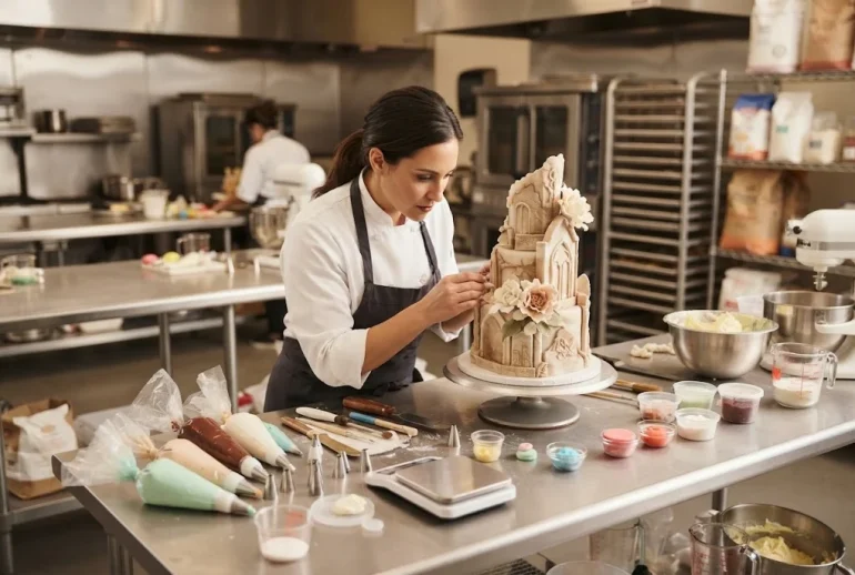 Professional pastry chef practicing detailed cake decoration in a culinary training kitchen