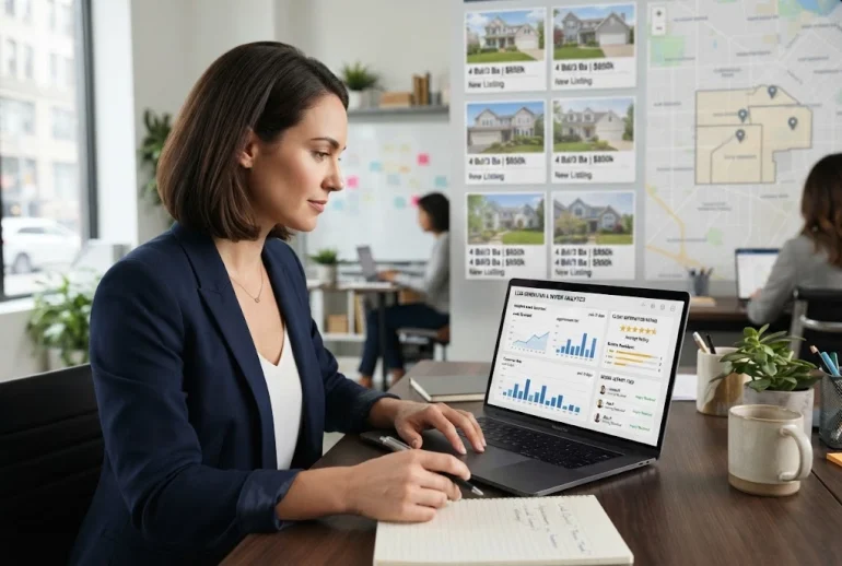 Real estate agent reviewing lead-generation analytics and customer feedback on a laptop