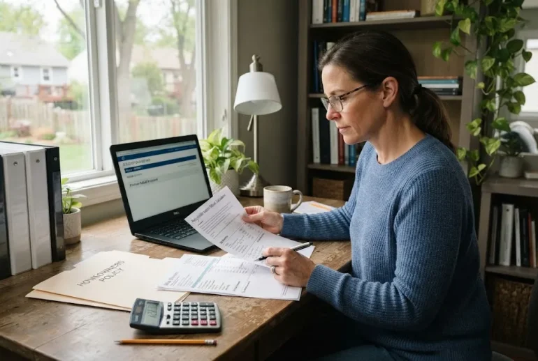 Homeowner reviewing insurance refund paperwork and policy documents