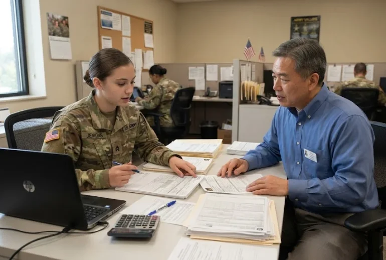 Soldier reviewing military pay and PCS documents with a finance representative