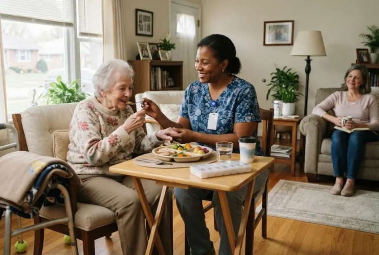 Caregiver providing compassionate in-home support to an older adult