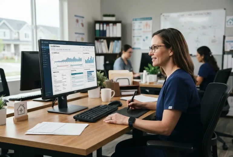 Healthcare professional reviewing digital home health coding and patient documentation