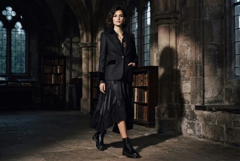 Neo Gothic fashion featuring dark romantic clothing, lace, velvet, and modern styling