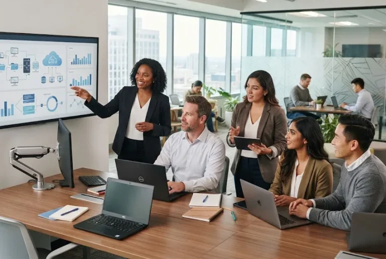 Technology professionals collaborating in a modern office environment