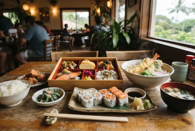Restaurant Matsu Maui menu featuring Japanese bento sushi tempura and noodles