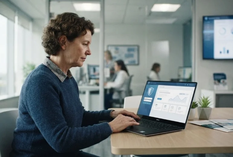 Clinical trial participant accessing a secure digital health platform on a laptop