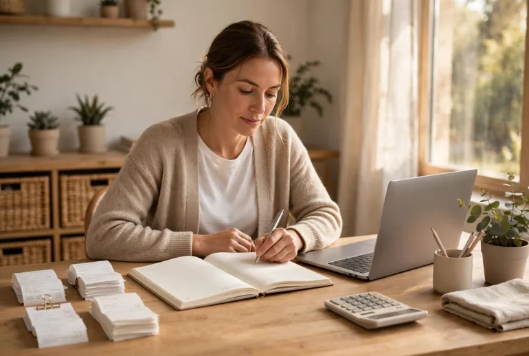 small business bookkeeping ledger and receipts on a desk