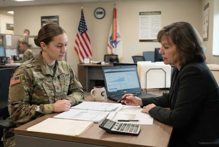 Service member reviewing financial paperwork with a financial support professional at an Army administrative office