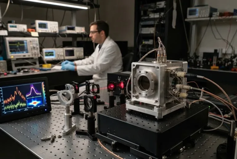 Infrared detector assembly on an optical testing platform in a modern laboratory